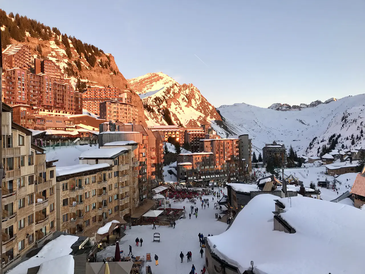 Car-free resort of Avoriaz with its wooden buildings in snow