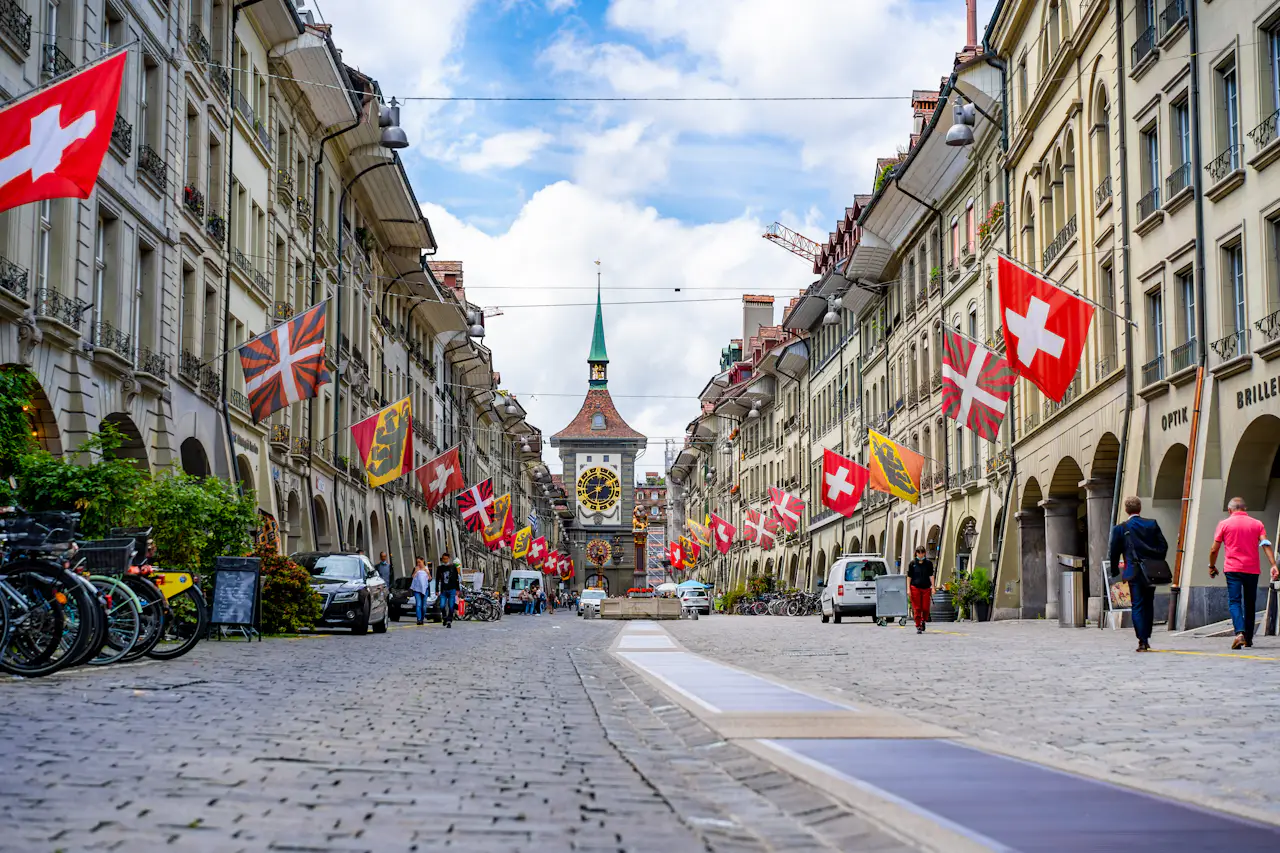 Kramgasse and the Zytglogge clock tower in Bern old town