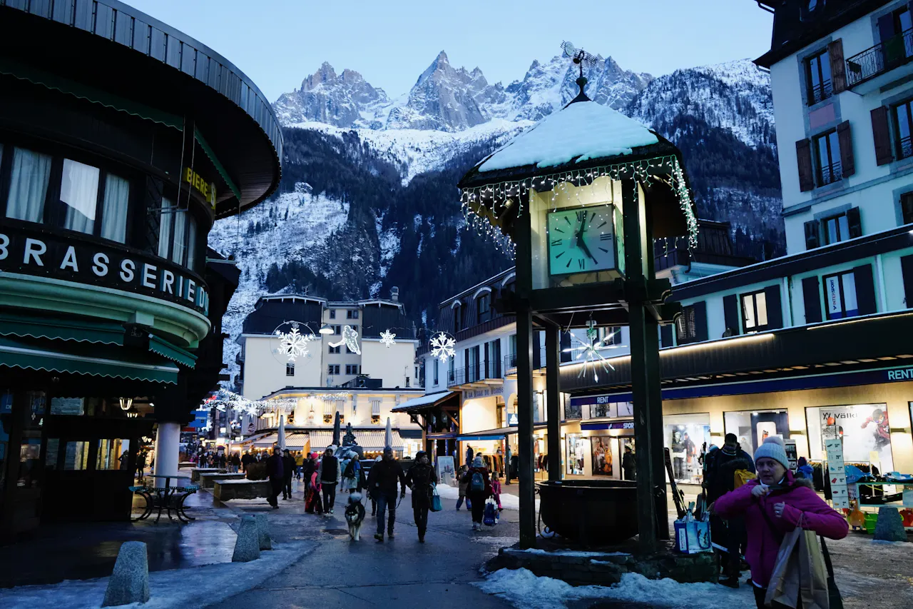 Chamonix town centre with the Mont Blanc massif