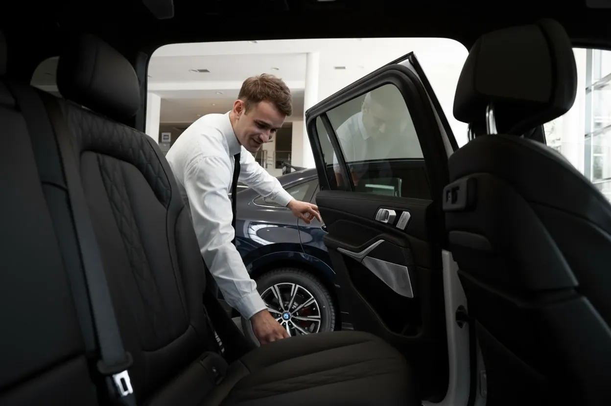 Chauffeur in a white shirt opening the rear door of a car