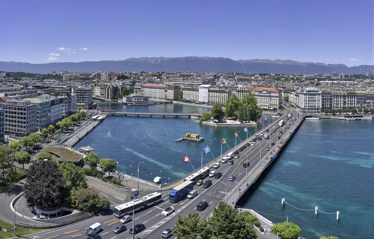 Aerial view of Geneva with the Rhône bridges and the lake