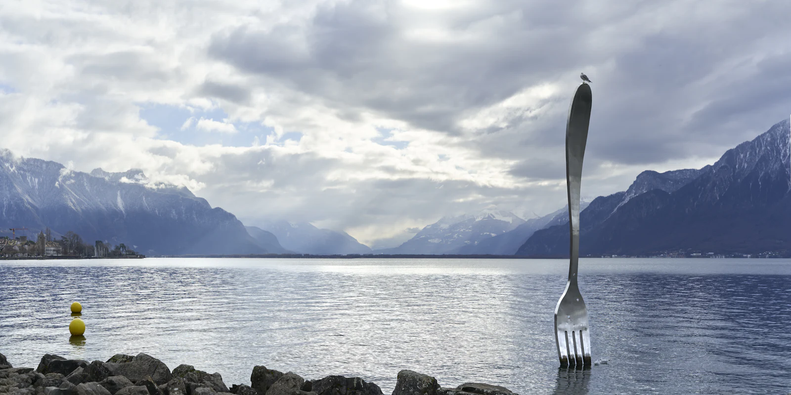 The giant fork sculpture in Lake Geneva at Vevey
